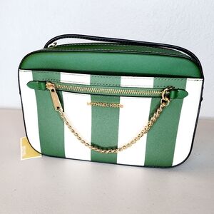 Michael Kors Fren Green and White Striped Crossbody Bag